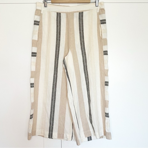 Anthropologie Shorebound Cropped Linen Wide-Leg Pants Medium tan cream striped - Picture 3 of 11